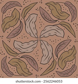 Seamless pattern with neutral earthy tropical leaves on brown background. Line art botanical wallpaper with foliage