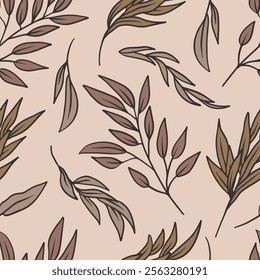 Seamless pattern with neutral earthy tropical eucalyptus leaves on brown background. Line art botanical wallpaper with foliage