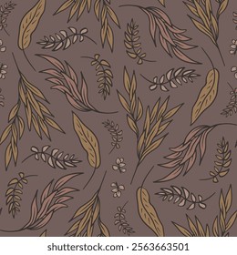 Seamless pattern with neutral earthy tropical leaves on brown background. Line art botanical wallpaper with foliage