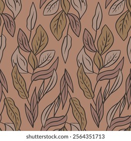 Seamless pattern with neutral earthy tropical leaves on brown background. Line art botanical wallpaper with foliage