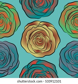 Seamless pattern with neutral, orange and blue flowers watercolor. Handmade. Gentle colors. Female pattern.