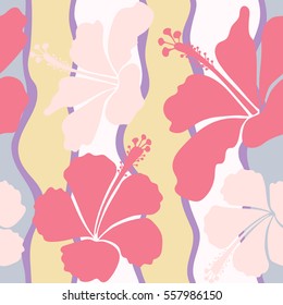 Seamless pattern in neutral and pink colors. Vector hand drawn painting of neutral and pink hibiscus flowers.