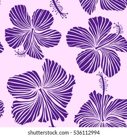 Seamless pattern of neutral and violet hibiscus floral background. Vector sketch of many neutral and violet flowers. Hand drawn seamless flower illustration.