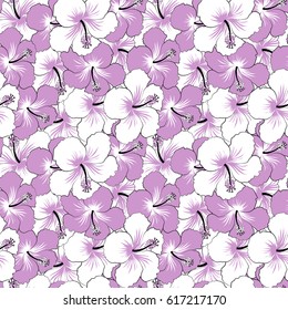 Seamless pattern in neutral and white colors. Vector vintage seamless tropical hibiscus flowers.