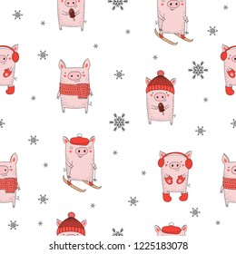 Seamless pattern. New 2019 Year cute pigs. Symbol of the year in the Chinese calendar. Vector cartoon isolated illustration. Year of yellow pig.