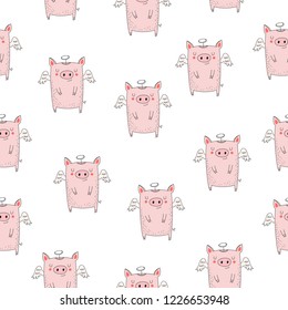 Seamless pattern. New 2019 Year cute angel pig. Symbol of the year in the Chinese calendar. Vector cartoon isolated illustration. Year of yellow pig.