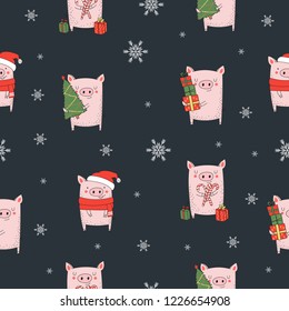 Seamless pattern. New 2019 Year cute pigs. Symbol of the year in the Chinese calendar. Vector cartoon isolated illustration. Year of yellow pig.