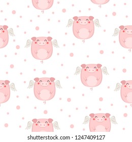 Seamless pattern for New 2019 Year with cute pigs. Symbol of the year in the Chinese calendar. Vector cartoon isolated illustration. Year of yellow pig.