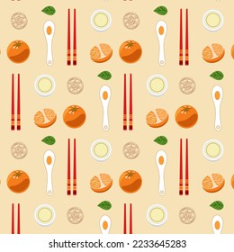 Seamless pattern for  new Chinese year, food, tangerines, tea.