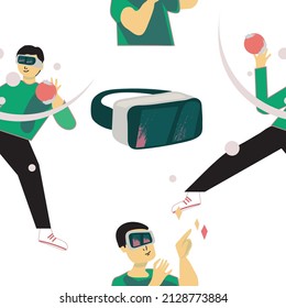 Seamless pattern.
New format of entertainment. 
Young people in different poses as well as elements for virtual reality. Transparent background.