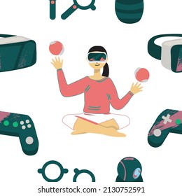 Seamless pattern.
New format of entertainment. 
Young people in different poses as well as elements for virtual reality. Transparent background.