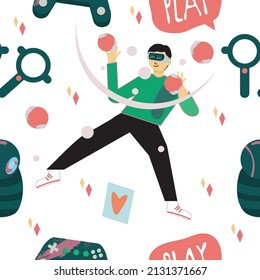 Seamless pattern.
New format of entertainment. 
Young people in different poses as well as elements for virtual reality. Transparent background.