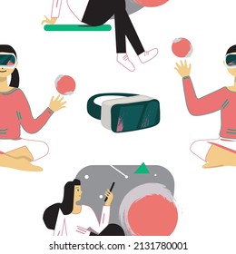 Seamless pattern.
New format of entertainment. 
Young people in different poses as well as elements for virtual reality. Transparent background.