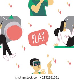 Seamless pattern.
New format of entertainment. 
Young people in different poses as well as elements for virtual reality. Transparent background.