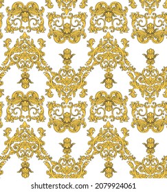 Seamless pattern new golden baroque in white background. Fabric design