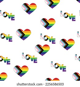 Seamless pattern with new lgbt flag, hearts, text, flower and flag. Gay pride. Pride Month. Love, freedom, support lgbtq
