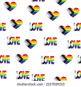 Seamless pattern with new lgbt flag, hearts, text, flower and flag. Gay pride. Pride Month. Love, freedom, support lgbtq