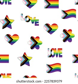 Patrón sin brillo con nueva bandera lgbt, corazones, texto, flor y bandera. Orgullo gay. Mes del Orgullo. Amor, libertad, apoyo lgbtq