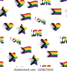 Patrón sin brillo con nueva bandera lgbt, corazones, texto, flor y bandera. Orgullo gay. Mes del Orgullo. Amor, libertad, apoyo lgbtq