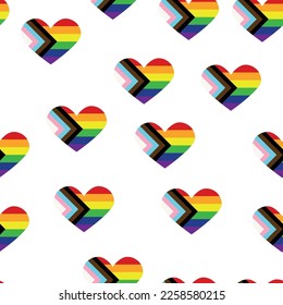 Seamless pattern with new lgbt flag, hearts, text, flower and flag. Gay pride. Pride Month. Love, freedom, support lgbtq