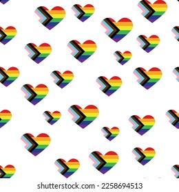 Seamless pattern with new lgbt flag, hearts, text, flower and flag. Gay pride. Pride Month. Love, freedom, support lgbtq