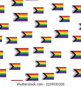 Seamless pattern with new lgbt flag, hearts, text, flower and flag. Gay pride. Pride Month. Love, freedom, support lgbtq