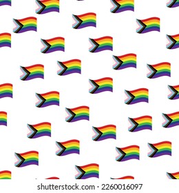 Patrón sin brillo con nueva bandera lgbt, corazones, texto, flor y bandera. Orgullo gay. Mes del Orgullo. Amor, libertad, apoyo lgbtq
