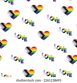 Patrón sin brillo con nueva bandera lgbt, corazones, texto, flor y bandera. Orgullo gay. Mes del Orgullo. Amor, libertad, apoyo lgbtq