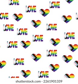 Seamless pattern with new lgbt flag, hearts, text, flower and flag. Gay pride. Pride Month. Love, freedom, support lgbtq