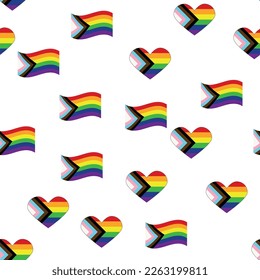 Seamless pattern with new lgbt flag, hearts, text, flower and flag. Gay pride. Pride Month. Love, freedom, support lgbtq