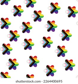 Seamless pattern with new lgbt flag, hearts, text, flower and flag. Gay pride. Pride Month. Love, freedom, support lgbtq