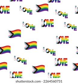 Patrón sin brillo con nueva bandera lgbt, corazones, texto, flor y bandera. Orgullo gay. Mes del Orgullo. Amor, libertad, apoyo lgbtq