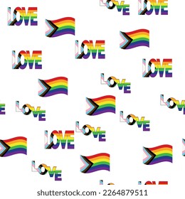 Patrón sin brillo con nueva bandera lgbt, corazones, texto, flor y bandera. Orgullo gay. Mes del Orgullo. Amor, libertad, apoyo lgbtq