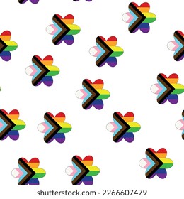 Seamless pattern with new lgbt flag, hearts, text, flower and flag. Gay pride. Pride Month. Love, freedom, support lgbtq