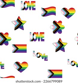 Seamless pattern with new lgbt flag, hearts, text, flower and flag. Gay pride. Pride Month. Love, freedom, support lgbtq