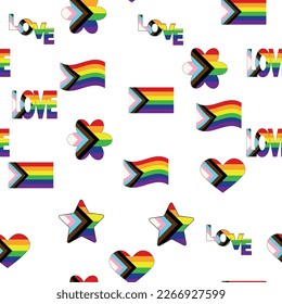 Nahtloses Muster mit neuer Blindflagge, Herz, Text, Blume und Fahne. Schwuler Stolz. Pride Month. Liebe, Freiheit, Unterstützung lgbtq