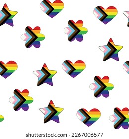 Patrón sin brillo con nueva bandera lgbt, corazones, texto, flor y bandera. Orgullo gay. Mes del Orgullo. Amor, libertad, apoyo lgbtq