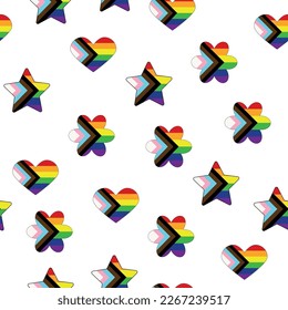 Seamless pattern with new lgbt flag, hearts, text, flower and flag. Gay pride. Pride Month. Love, freedom, support lgbtq