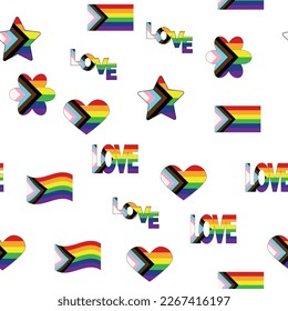 Seamless pattern with new lgbt flag, hearts, text, flower and flag. Gay pride. Pride Month. Love, freedom, support lgbtq