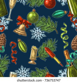 Seamless pattern New Year. Calligraphy lettering with salute. Champagne glass, bottle, serpentine, rocket, snowflake, pine cone, toy, fir branch. Vector vintage illustration on dark blue background
