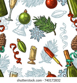 Seamless pattern New Year. Calligraphy lettering with salute. Champagne glass, bottle, serpentine, rocket, snowflake, pine cone, toy, fir branch. Vector vintage illustration on white background