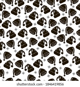 Seamless pattern of New year caps, white background, New year, caps, flat style, doodle, Santa claus, winter, december, snowflakes, childish, wallpaper, gift paper, print, decoration, backdrop, fabric