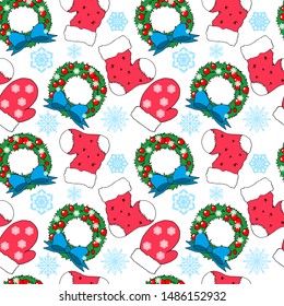 seamless pattern for New Year and Christmas, in bright traditional colors, with a Christmas wreath, gloves and boots