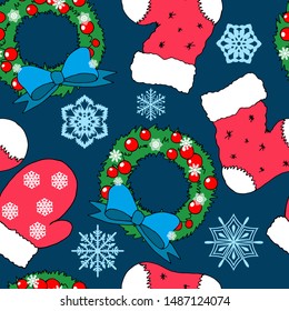 seamless pattern for New Year and Christmas, in bright traditional colors, with a Christmas wreath, gloves and boots
