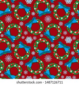 seamless pattern for New Year and Christmas, in bright traditional colors, with a Christmas wreath, gloves and boots