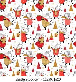 Seamless pattern New year and Christmas in vector. Cute cartoon mouse gives gifts, dancing, decorating the Christmas tree. Funny and happy new year mice red, gold and silver. Symbol 2020 new year. 