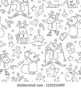 Seamless pattern for the new year and Christmas, funny cartoon moose for winter entertainment, contour  animals on a white background