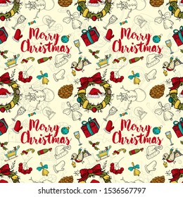 seamless pattern New year Christmas color and contour illustration baby Doodle layout for design Santa spruce wreath sock gingerbread man gloves garland ball background changing vector EPS 10
