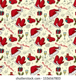seamless pattern New year Christmas color and contour illustration baby Doodle layout for design Santa spruce wreath sock gingerbread man gloves garland ball background changing vector EPS 10
