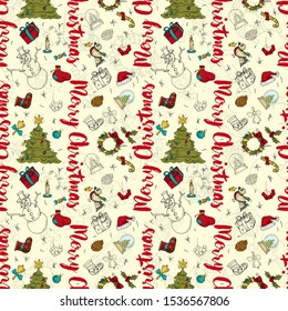 seamless pattern New year Christmas color and contour illustration baby Doodle layout for design Santa spruce wreath sock gingerbread man gloves garland ball background changing vector EPS 10